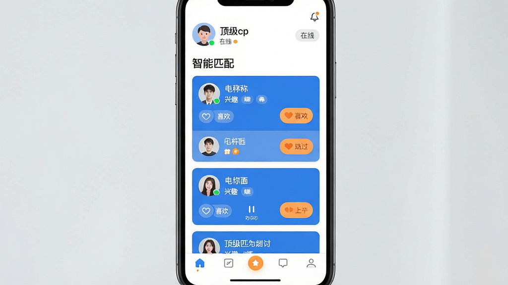 主体:手机界面展示“顶级cp”应用主页面,上方显示用户头像与在线状态,中部为智能匹配卡片列表,每张卡片包含用户昵称、兴趣标签与互动按钮,底部为导航栏。布局:居中构图,界面元素清晰排列,卡片间留白均匀,整体比例协调。排版:扁平化设计风格,图标简洁现代,文字信息层级分明。细节:卡片上有“喜欢”与“跳过”图标,配色以蓝白为主,辅以橙色点缀,画质高清,干净无多余元素。