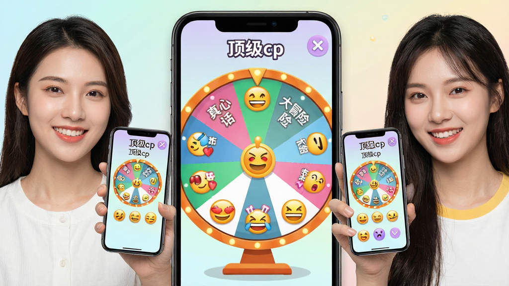 主体:两位年轻用户分别手持手机,屏幕显示“顶级cp”互动小游戏界面,画面中有一个转盘和表情符号。布局:双人分居画面两侧,中间为游戏交互界面放大展示。排版:清新活泼风格,色彩明快,人物笑容自然。细节:转盘上有“真心话”、“大冒险”等字样,表情符号丰富,背景为浅色渐变,画质清晰,干净无多余元素。