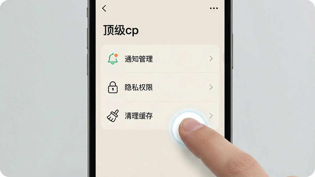 主体:手机屏幕显示“顶级cp”设置页面,包含“通知管理”、“隐私权限”、“存储空间”等选项,一个手指正点击“清理缓存”。布局:手机居中,UI列表清晰可见,背景简洁。排版:浅色主题界面,图标线性风格,文字易读。细节:列表项有图标点缀,手指点击位置有高亮光晕,画质干净,无多余元素。