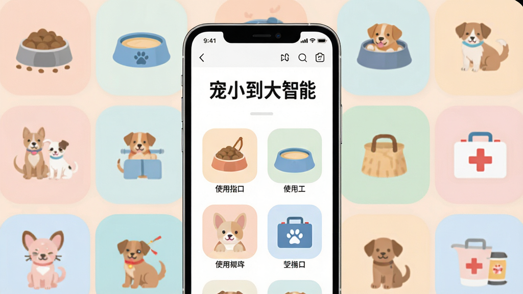 主体:手机屏幕显示“宠小到大智能”使用指南界面,旁边有各种宠物用品图标。布局:手机居中,周边环绕宠物用品。排版:简洁,信息图标化。风格:扁平化设计,柔和色彩。细节:界面有“使用指南”标题,图标包括狗粮、水碗、医疗箱。画质:高清,干净,无多余元素。