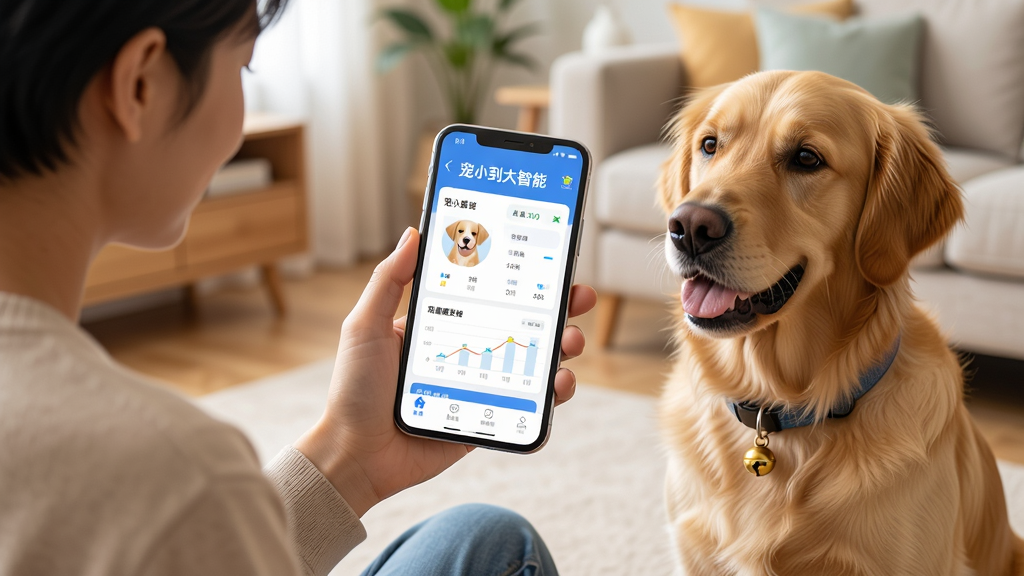主体:一只可爱的金毛犬和主人一起坐在客厅地板上,主人手持智能手机,屏幕显示“宠小到大智能”应用界面,界面中有宠物健康数据图表。布局:主人在左,金毛犬在右,手机居中偏上,背景是温馨的家居环境。排版:画面平衡,重点突出手机界面和宠物的互动。风格:写实摄影风格,明亮自然光。细节:手机界面清晰可见“宠小到大智能”字样,宠物项圈上有小铃铛。画质:高清,干净,无多余元素。