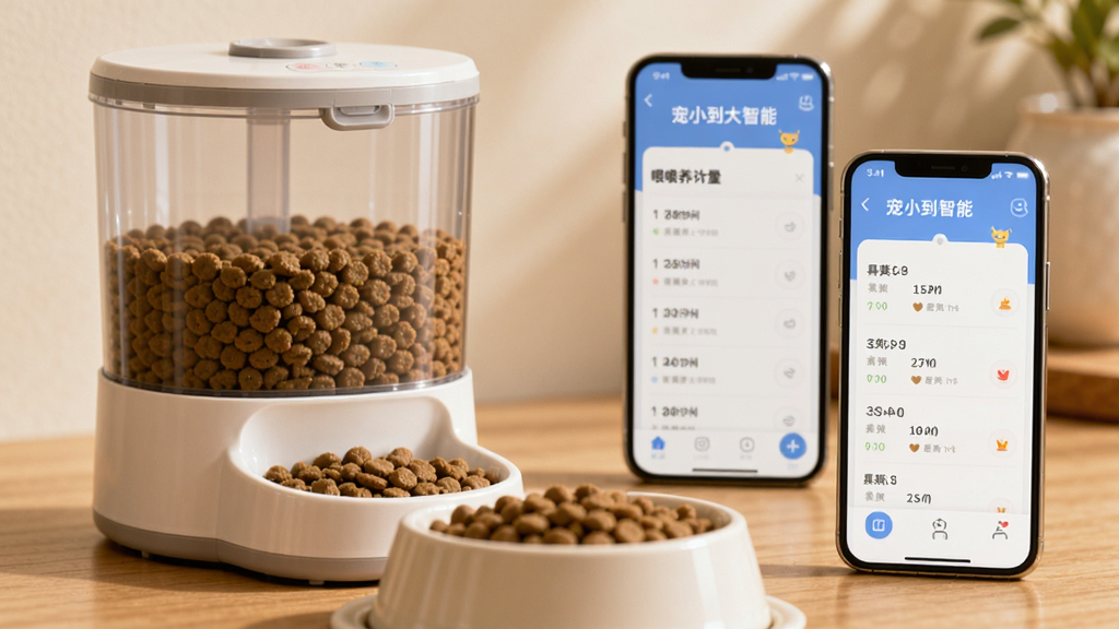 主体:一个自动喂食器旁边放着一碗猫粮,背景是手机屏幕显示“宠小到大智能”的喂养计划界面。布局:喂食器在左,手机在右,猫粮在前景。排版:简洁明了,突出科技与生活的结合。风格:写实摄影,暖色调。细节:手机界面显示“宠小到大智能”和喂食时间表。画质:高清,干净,无多余元素。