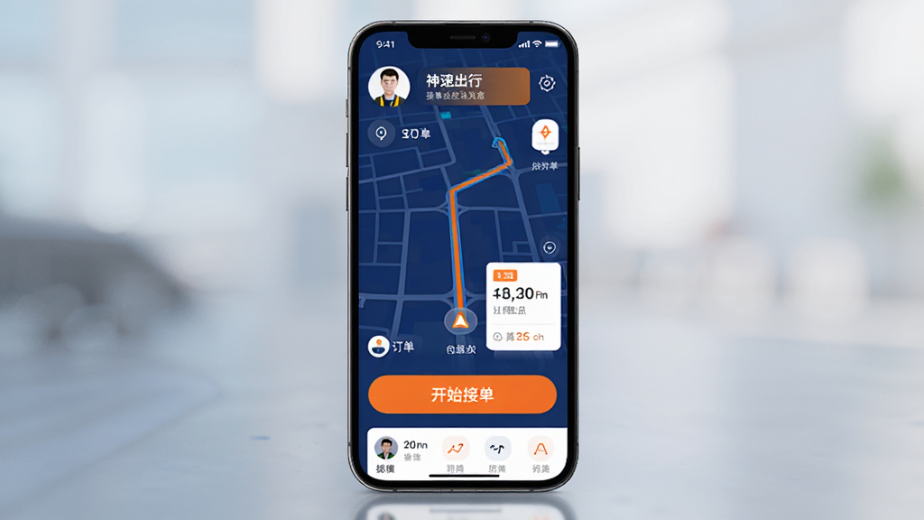 ͼƬչʾ���ٳ���˾����APP��������棬��������ɫ���ɫ����ĿƼ��з���ֻ���Ļ���У��Ϸ���ʾ˾��ͷ����ӵ�״̬�����м�����չʾ��ͼ����·���붩����Ϣ��Ƭ���·�Ϊ����ʼ�ӵ�����ť���г�ͳ����壬���������ɾ���ϸ�ڷḻ��������Ⱦ���޶���Ԫ��