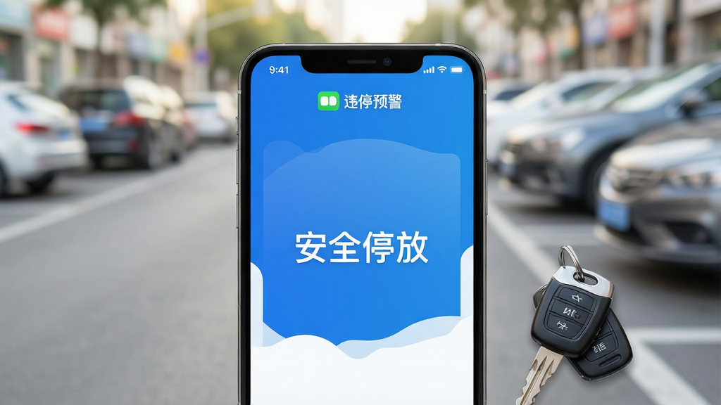 һ�������ֻ���Ļ��ʾ�춯��Ӧ�������棬����������ˬ����ɫ��Ϊ��ɫ���ɫ����Ļ������Ŀ����ʾ��ǰ����״̬Ϊ����ȫͣ�š�������״̬��չʾ��ΥͣԤ��������ͼ�꣬�ֻ��Ա߷�����һ�ѳ�Կ�ף�����Ϊ�黯�ĳ��нֵ�ͣ�����������廭�������ɾ�������������ͣ�ͻ�������İ�ȫ���Ѻ��Ĺ���