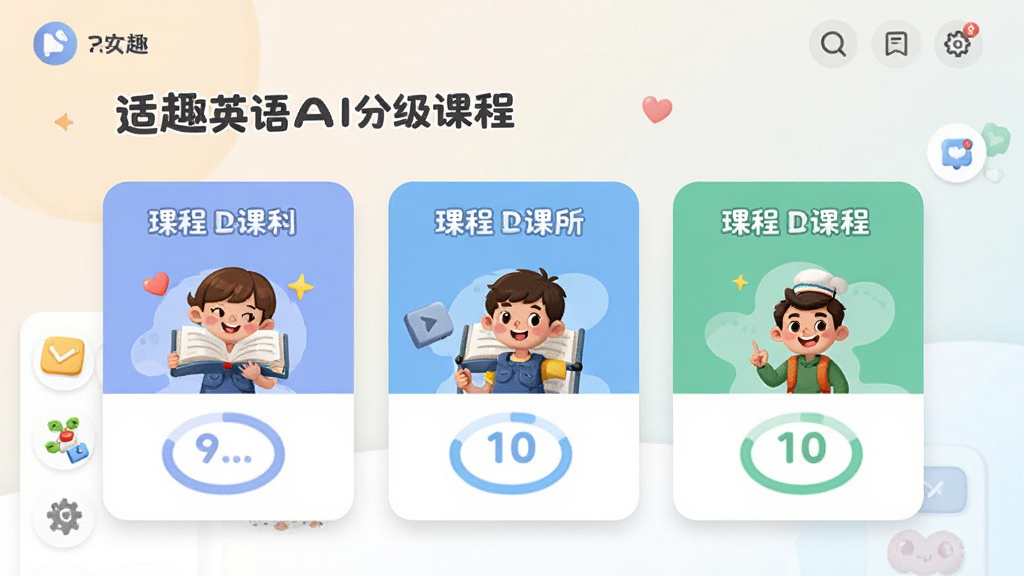 适趣英语AI分级课程界面,展示不同难度级别的课程卡片,配有卡通插图和进度环,背景柔和,界面友好,现代教育APP风格,高清晰度,干净整洁