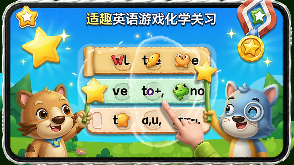 适趣英语游戏化学习场景,孩子与卡通动物一起完成单词拼写闯关,屏幕上有星星和勋章特效,界面色彩鲜艳,角色生动,寓教于乐风格,高清画质,无杂乱元素