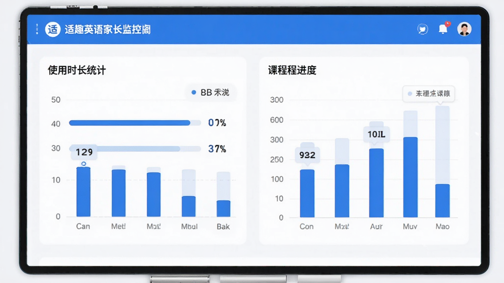 适趣英语家长监控界面,显示使用时长统计和课程进度图表,风格简洁现代,蓝白配色,数据可视化清晰,画面干净专业