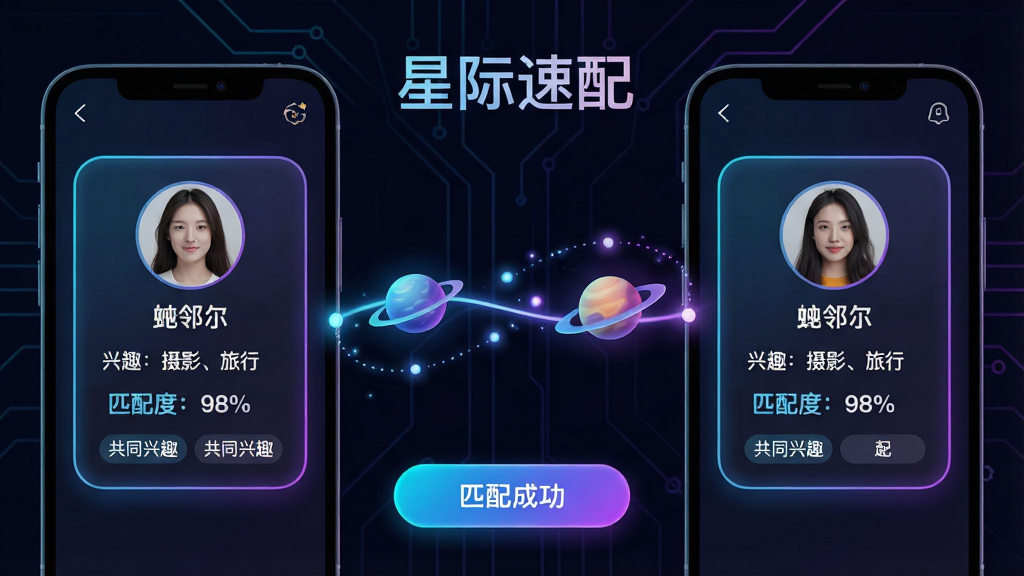 ���壺������APP�ġ��Ǽ�ƥ�䡱���ܽ�����д��չʾ�����ֻ���Ļ�ֱ���ʾ��λ�û���ƥ�����Ͽ�Ƭ����Ƭ���С���Ȥ����Ӱ�����С�����ƥ��ȣ�98%�����������֣����ҶԳƣ��м���һ������������ߴ�������С�����Ű棺�Ϸ��С��Ǽ����䡱���ܱ��⣬�·�չʾƥ��ɹ��Ķ�Ч��ť����񣺿Ƽ���UI��ƣ���ɫ�������޺����Ͻ�������������Ԫ��Բ��ϸ�ڣ���Ƭ�����û�ͷ���ǳƺ͹�ͬ��Ȥ��ǩ�������ߴ���������㡣���ʣ�������Ⱦ���ɾ����޶���Ԫ�ء�