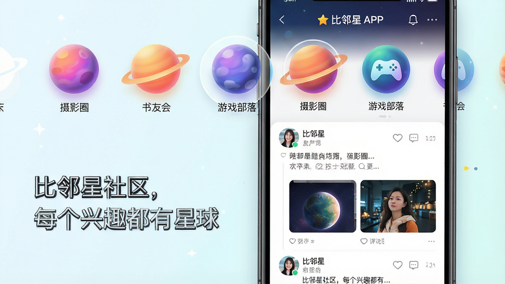 ���壺������APP����������ҳ�棬�ֻ���Ļ��չʾ���Բ������ͼ�꣬�ֱ��ע����ӰȦ���������ѻᡱ������Ϸ���䡱�ȣ��������һ�������չ����̬�ٲ��������֣��ֻ���Ļ���У���Ļ�Ϸ�Ϊ�����б����򻬶����·�Ϊ��̬��Ϣ�����Ű棺������ġ�������������ÿ����Ȥ�������򡱣�����Ϊ���½ṹ������������µ��罻APP������ɫ�ʷḻ��ÿ������ͼ���ò�ͬ��ɫ���䣬��̬��Ƭ���û�ͷ������֡�ϸ�ڣ���̬������ͼƬ�����޺�����ͼ�꣬�������������ʣ��߷ֱ��ʣ��ɾ����޶���Ԫ�ء�