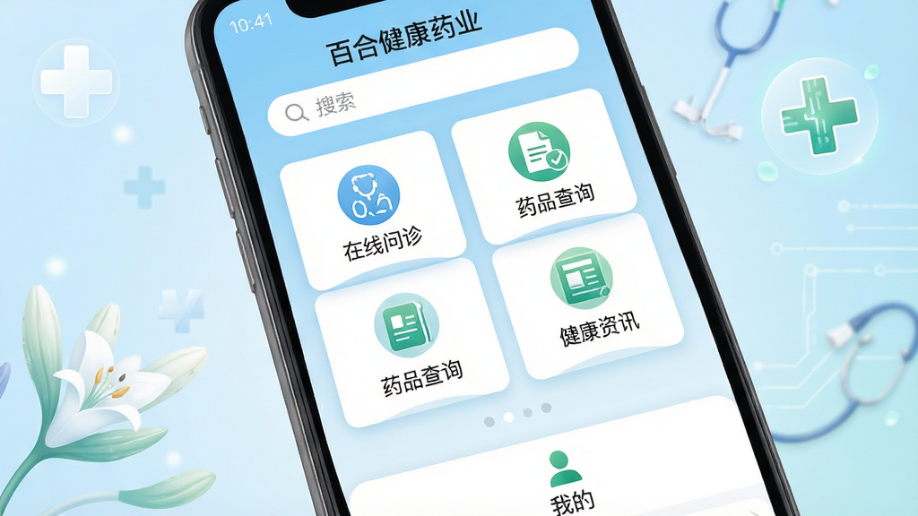 ͼƬ��չʾ�����ֻ���Ļ��ʾ���ٺϽ���ҩҵ��APP�����棬���涥�������������м��Կ�Ƭʽ����չʾ�������������ҩƷ��ѯ������������Ѷ���ȹ���ͼ�꣬�·��С��ҵġ�����������ڡ����屳��Ϊ����ɫ���䣬���԰�ɫ����ɫҽ�Ʒ��Ԫ�أ������Ű�ɾ���ˬ��ͻ��������רҵ���Ƽ��С����ʸ��壬ϸ�ڷḻ���޶���Ԫ�ء�