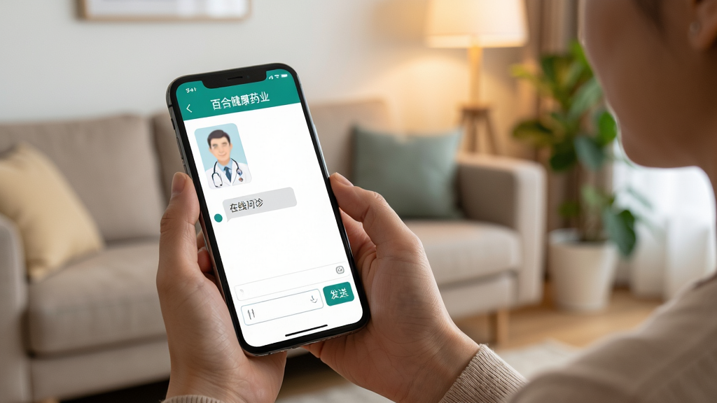 ͼƬչʾһλ�û��ֳ��ֻ�ʹ�á��ٺϽ���ҩҵ��APP����Ļ��ʾ��������Ի����棬ҽ��ͷ�������Ͻǣ��·������������ͷ��Ͱ�ť������Ϊ�����ִ�����������ɳ������ֲ��Լ�ɼ���ůɫ���ƹ⣬���岼�����������ֻ�Ϊ���ģ�ͻ��Զ��ҽ�Ƴ����������Ȼдʵ��ϸ�����������ʸɾ����޶���Ԫ�ء�