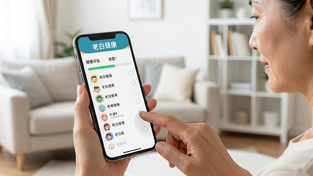 ͼƬ����Ϊһλ����Ů�������ֻ��ϲ����ϰ׽���APP�Ľ�������ҳ�棬�ֻ���Ļ��ʾ����ѡ��ʽ�ʾ���ҳ�涥���С��ϰ׽��������������ֲ����ֻ�ǰ������ͷ�ӽǵ�ƽ�ӹ�ͼ��Ů����ָ�����Ļ���������������Ŀ�����������ɳ�����ɫ��ܡ��Ű�ǿ����Ļ�ڽ������뿨ͨͼ�꣬���Ϊдʵ��������UI����չʾ��ϸ��ע����ָ����Ļ�Ľ���˲�䣬���ʸ���ɾ����޶���Ԫ�ء�