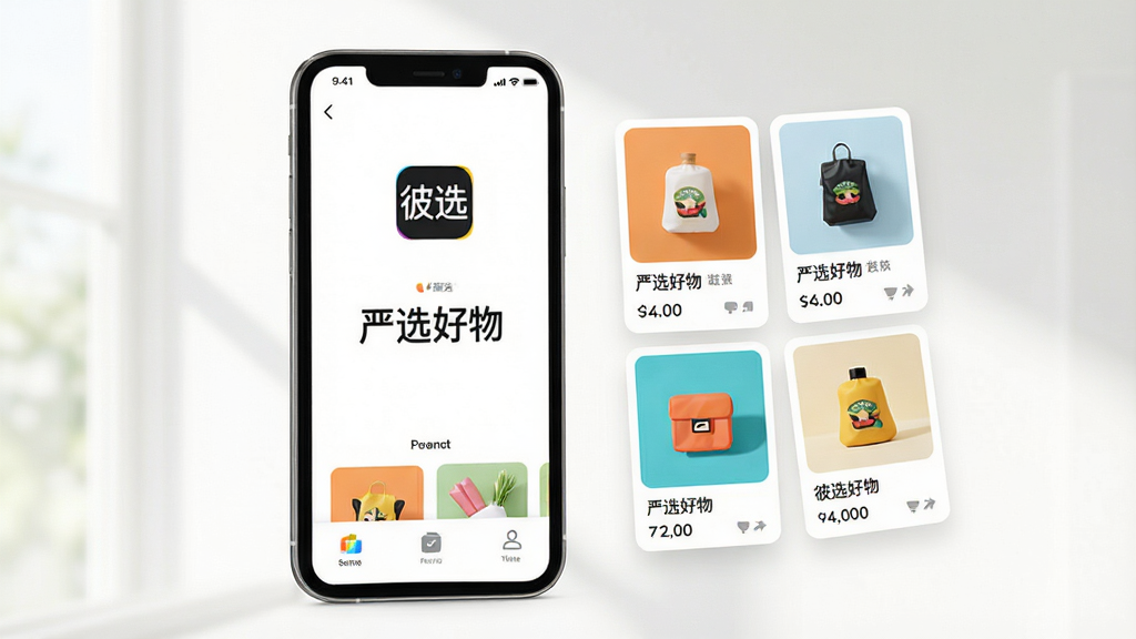 ���壺��ѡӦ�������棬չʾ��ѡ��Ʒ�ͷ��ർ���������������ֻ�ģ�ͣ���Ļ��ʾ����ѡ��logo�͡���ѡ������������֣��ֻ�����ƫ���Ҳ�������Ʒ��Ƭ���ײ��й���ͼ�ꡣ�Ű棺�����ˬ����Ϣ�㼶����������ִ���ƽ����������Ȼ��Ч��ϸ�ڣ���ƷͼƬ������ɫ�����ޣ����������׶������ʣ����壬�ɾ����޶���Ԫ�ء�