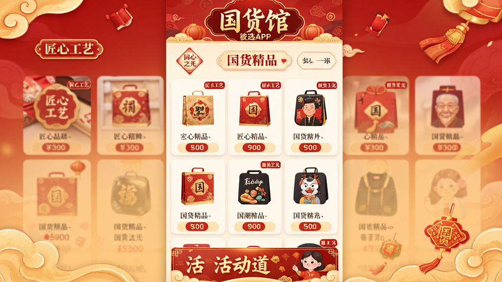 ���壺��ѡAPP�ڡ�������Ʒ��ҳ�棬չʾ���ֺ�Ʒ���������Ʒ������Ϊ��ɫ���ɫ���䡣���֣�ҳ�涥���С������ݡ����⣬�в�����չʾ��Ʒ���ײ��лbanner���Ű棺�������򣬴�ͳ���ִ���ϡ���񣺹����廭�磬ϲ�������ϸ�ڣ��С����Ĺ��ա���������֮�⡱��ǩ�����ʣ����壬ɫ�ʱ������޶���Ԫ�ء�