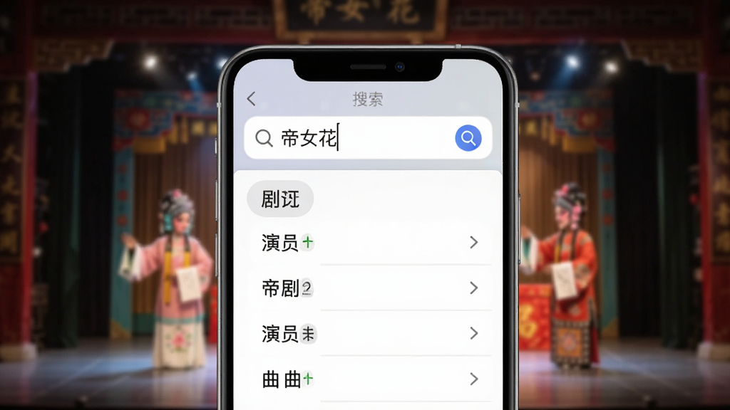 粤剧迷App搜索功能操作界面示意图,画面中手机屏幕显示搜索框内输入“帝女花”,下方弹出包含剧名、演员、曲目的联想列表,背景为模糊处理的戏曲舞台照片,整体风格简洁大方,突出搜索栏与结果列表,色彩柔和,画质干净清晰
