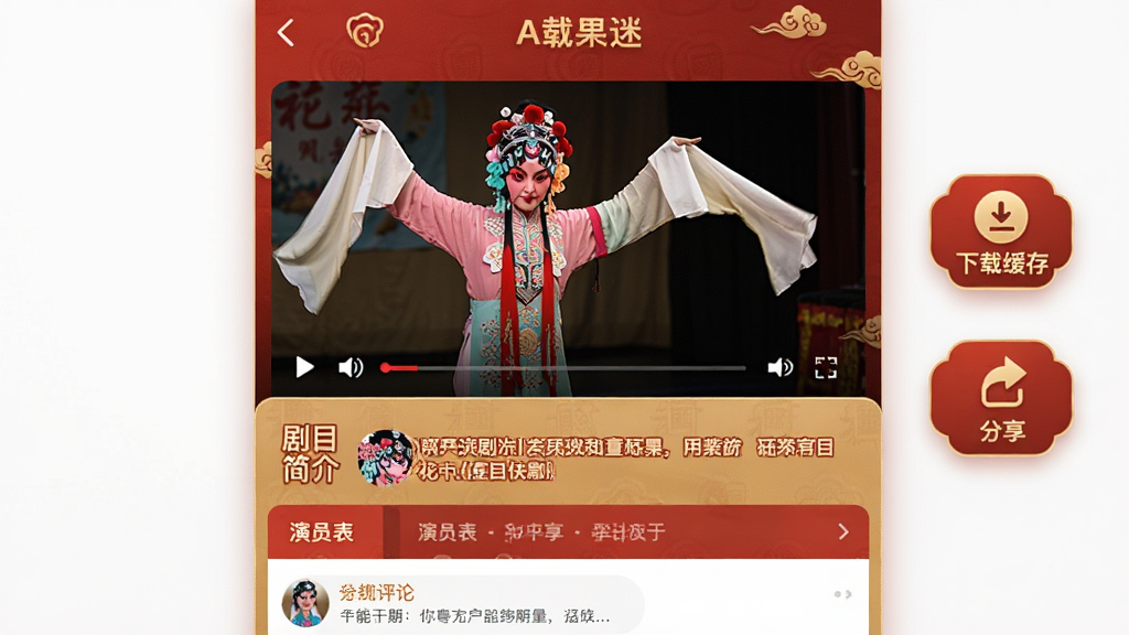 粤剧迷App剧目详情页的界面设计图,上方是戏曲视频播放窗口,画面中一位花旦正在水袖起舞,下方是剧目简介、演员表、用户评论列表,右侧悬浮着“下载缓存”和“分享”按钮,整体布局清晰,采用红金色调,画质细腻,UI风格现代简洁,无多余元素