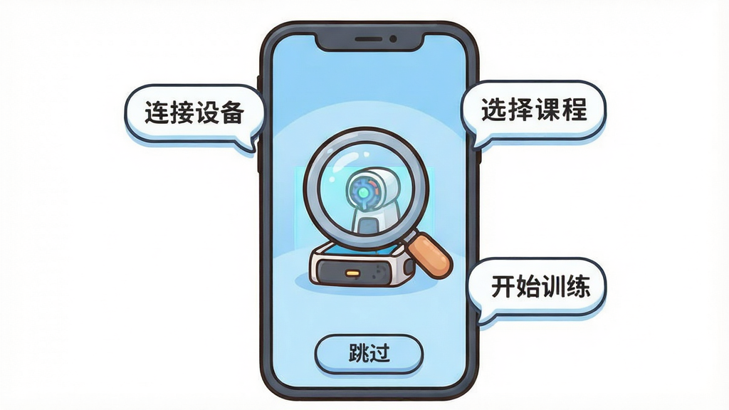 ˫�����ܷ����APP��������ҳ���ͼ������Ϊ��ͨ����ֻ����棬��Ļ������һ���Ŵ�ͼ������ɨ�跢�������Χ�������Ĳ�����ʾ���ݣ�����Ϊǳ��ɫ������Ϊ�ֻ����У��������ף����ΪQ��廭�磬ϸ�ڴ�����������Ϊ�������豸������ѡ��γ̡�������ʼѵ�������ײ��С���������ť��������ˬ�ɾ����޶���Ԫ�ء�