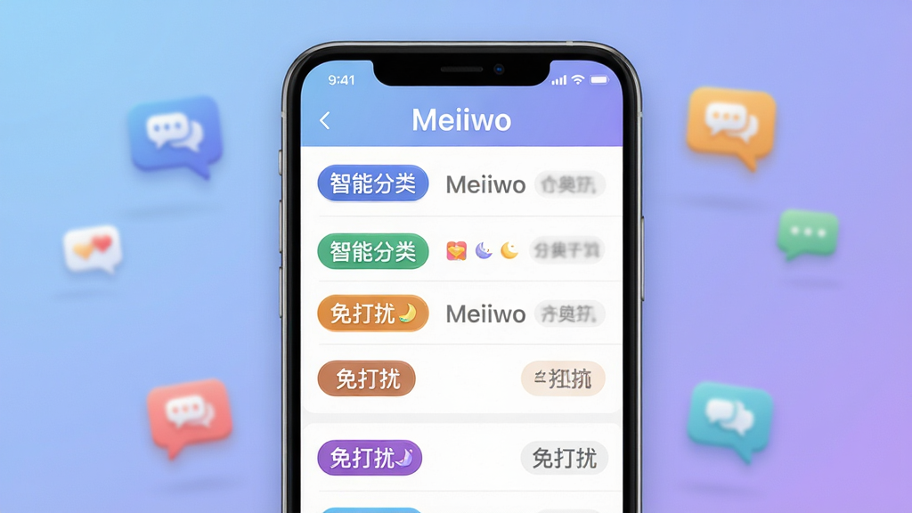 主体:手机屏幕特写显示Meiiwo消息列表,不同类别消息以彩色标签区分,并标注“智能分类”、“免打扰”等字样,顶部有“Meiiwo”字样。布局:手机位于画面中央,背景为柔和的渐变蓝紫色,四周有微小悬浮的对话气泡图标。排版:手机屏幕内容清晰展示,文字标签醒目,背景虚化且干净。风格:拟物与扁平结合,色彩明亮,高光和阴影自然,细节丰富,画质高清,干净无多余元素。