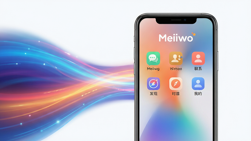 主体:一部亮屏的智能手机展示Meiiwo主界面,界面顶部有“Meiiwo”字样,下方分布着聊天、联系人、发现、我的等清晰功能图标。布局:手机居中偏右,左侧留白配以抽象流动的彩色光带,营造科技感。排版:手机屏幕内容占画面60%,左侧光带占30%,背景干净。风格:现代扁平化,色彩明快通透,光效柔和,细节丰富,画质高清,干净无多余元素。