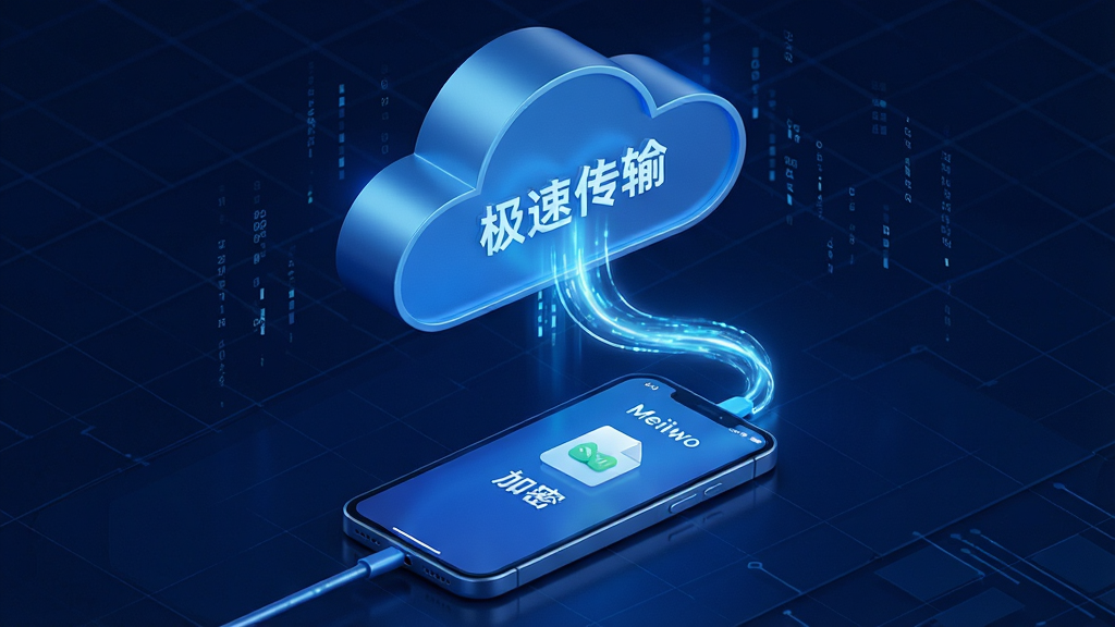 主体:一个云端与手机连接的3D概念图,手机屏幕显示Meiiwo文件传输界面,带有“极速传输”与“加密”字样。布局:云端位于画面上方,手机置于下方,两者之间有流动的光束连接。排版:画面主体占比70%,背景为深蓝色科技网格,点缀微小数据流。风格:3D渲染,科技感强,蓝色主调,光效炫丽,画质高清,干净无多余元素。