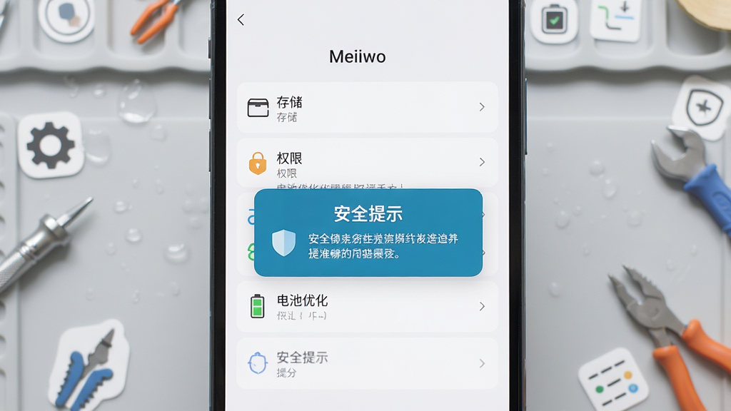 主体:一部手机展示Meiiwo设置界面,屏幕上突出“存储”、“权限”、“电池优化”等选项,并带有“安全提示”弹窗。布局:手机屏幕占据画面中央,背景为浅灰色工作台,周围散落着工具图标。排版:屏幕内容清晰,弹窗醒目,背景干净。风格:实用教程风,色彩自然,高光柔和,画质高清,干净无多余元素。