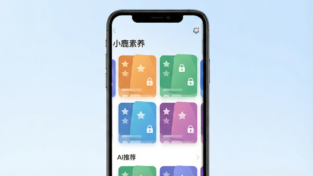 一张展示智能推荐功能的界面截图设计,屏幕中央显示“小鹿素养”APP的课程推荐页面,包含不同颜色的课程卡片,卡片上有星星与锁图标,下方有“AI推荐”字样,背景为淡蓝色渐变,整体简洁现代,UI设计精致,画质高清,无多余元素