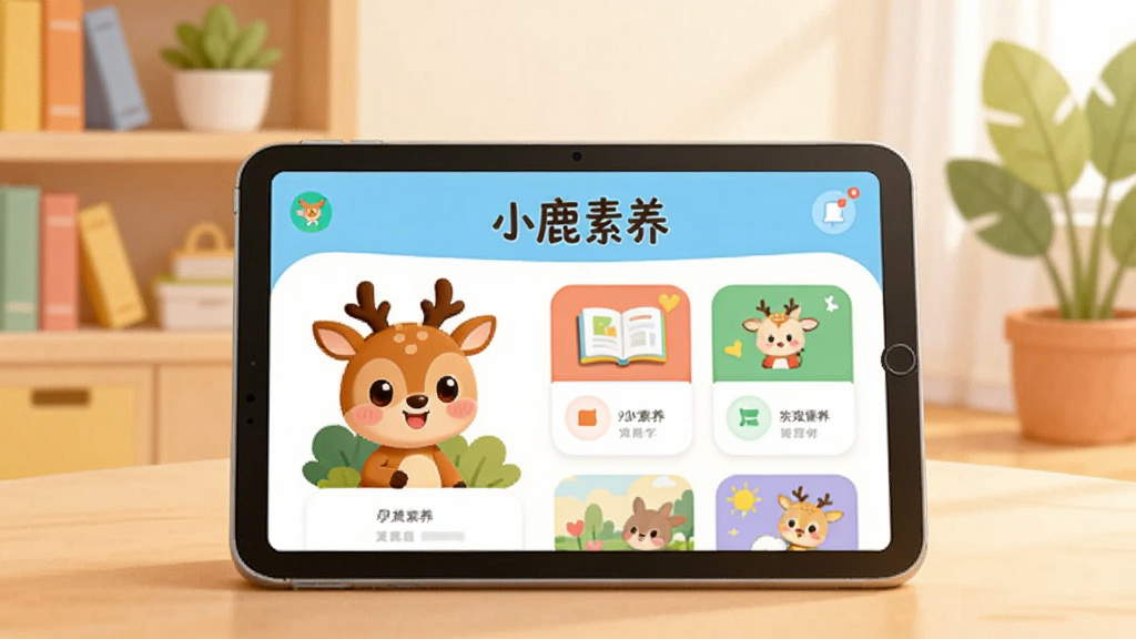 一幅温馨明亮的儿童在线学习场景插画,前景是平板电脑屏幕显示“小鹿素养”APP界面,界面中有可爱的小鹿卡通角色与彩色课程卡片,背景是书架与绿植,整体风格清新明快,扁平化设计,画质清晰柔和,无多余元素