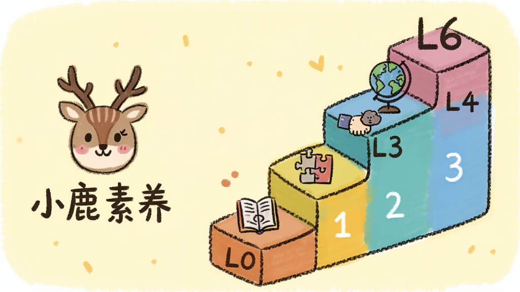一张课程体系阶梯图插画,左侧标有“小鹿素养”LOGO,右侧是从L0到L6的彩色阶梯,每级台阶上标注课程图标如字母、书本、拼图、地球等,背景为浅黄色,手绘风格,清新可爱,画质干净,无多余元素