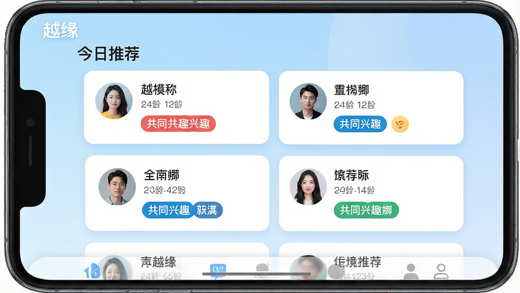 主体:手机屏幕展示“越缘”软件的智能推荐页面,顶部有“今日推荐”字样,下方排列几位用户卡片,每张卡片包含头像、昵称、年龄和共同兴趣标签。布局:左右对称,卡片均匀分布,背景为浅蓝色渐变。排版:界面清晰,标签醒目。风格:清爽简洁,现代科技感。细节:屏幕左上角有“越缘”logo,底部有导航栏。画质:高分辨率,色彩柔和,干净无多余元素。
