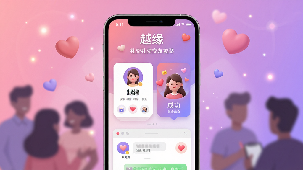 主体:一款名为“越缘”的社交交友软件的手机界面展示,屏幕中显示用户资料卡片、配对成功动画和聊天窗口。布局:居中构图,手机屏幕清晰展示核心功能,背景为柔和的渐变粉色与紫色,点缀爱心和光斑。排版:主体突出,界面元素排列有序,功能图标清晰可见。风格:现代扁平化,结合一点3D质感,整体氛围温馨浪漫。细节:屏幕中显示“越缘”字样和配对提示,周围有模糊的多人轮廓暗示社交场景。画质:高清渲染,干净无多余元素。