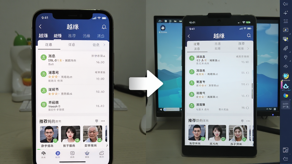 主体:左右分屏对比图,左边是手机运行“越缘”的界面,右边是电脑模拟器运行该应用的界面。布局:左右对称,中间有箭头连接。排版:清晰展示两种设备上的应用状态。风格:写实截图风格。细节:手机端和电脑端都显示“越缘”主页面,有消息列表和推荐用户。画质:高清,干净无多余元素。
