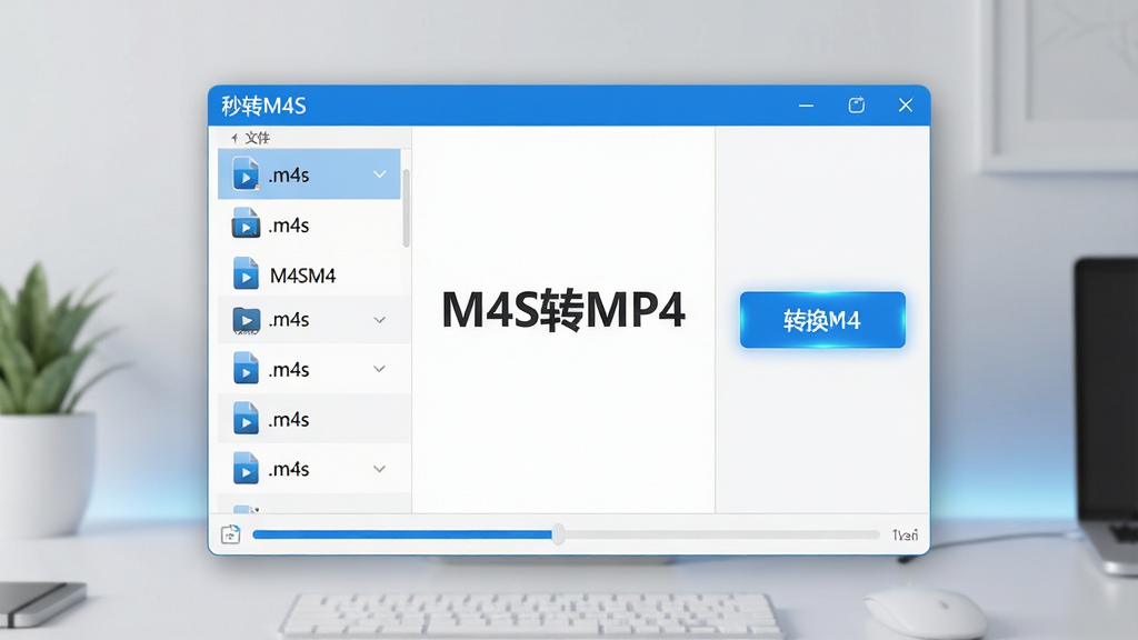 ���壺һ����Ϊ����תM4S�����������棬��Ļ������ʾ��M4SתMP4����ת�����̣�����Ϊ�ִ���Լ���棻���֣��������������Ϊ�ļ��б����Ҳ�Ϊת����ť���������У��Ű棺��������ռ�������룬�������ף��ײ��н���������񣺿Ƽ��С���ƽ����ƣ���ɫ��ɫ����ϸ�ڣ��ļ�����ǩ��ʾ��.m4s����ת����ť�������ļ�ͼ�����������ʣ�������Ⱦ���ɾ��޶���Ԫ�ء�