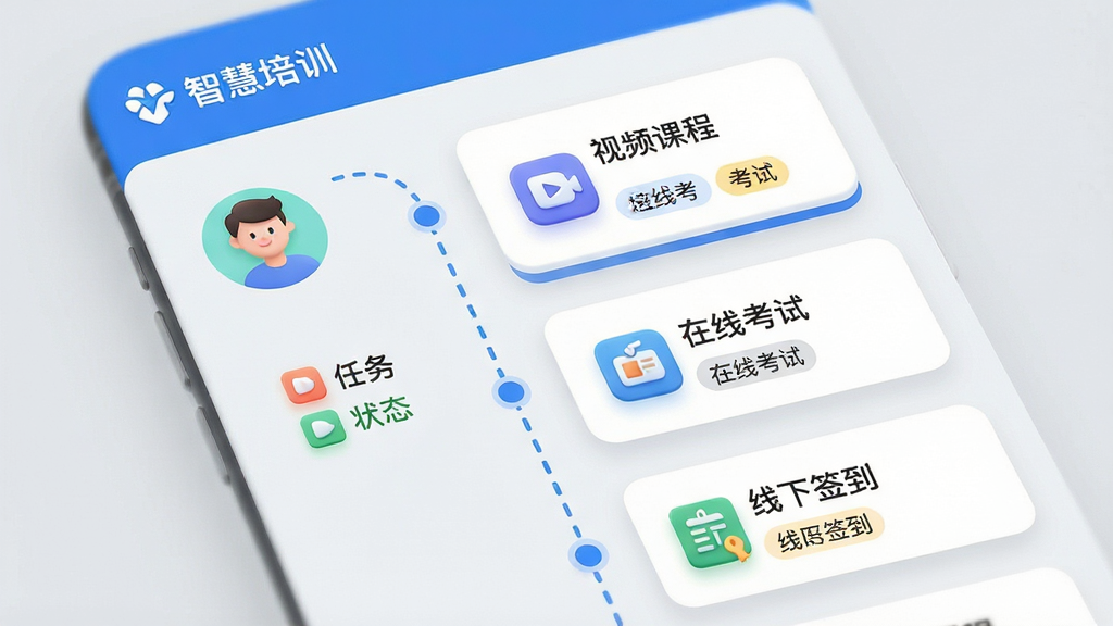主体:智慧培训APP的学习计划界面,以时间轴形式展示培训任务节点。布局:左侧人物头像与任务状态图标,右侧为课程卡片与考试标签,整体纵向排列。排版:UI设计简洁清晰,卡片圆角化,时间轴用蓝色虚线连接。风格:现代扁平化结合微立体,色彩明快。细节:界面中出现“智慧培训”品牌标识,任务卡片上有“视频课程”、“在线考试”、“线下签到”等图标,背景为浅灰色,无多余装饰。画质:细腻,高分辨率,干净整洁。