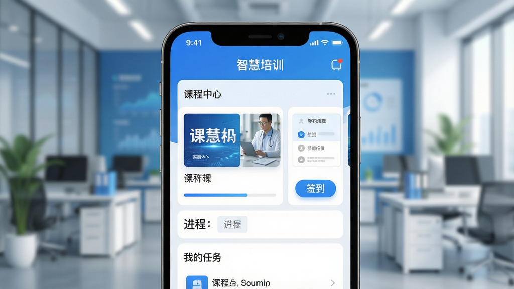 主体:智慧培训软件在手机屏幕上展示课程列表与学习进度界面,背景为现代办公室场景。布局:中央特写手机屏幕,屏幕内清晰显示“智慧培训”APP主界面,有课程封面、进度条、签到按钮等元素。排版:主体突出,手机屏幕占画面60%,背景虚化处理。风格:写实科技风,明亮通透,蓝色主色调。细节:屏幕中文字需清晰可读,包括“智慧培训”、“课程中心”、“我的任务”字样,画面干净无杂物。画质:4K高清,光线柔和,无多余元素。