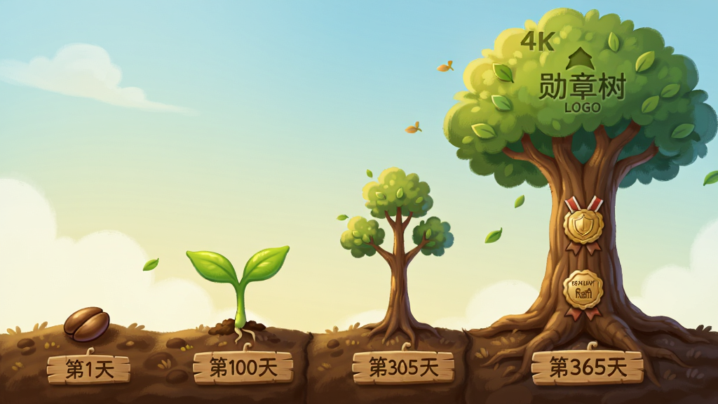 ���壺һ�������廭��չʾ�����ӵ���������ĳɳ����У������Ͽ��в�ͬ�׶ε�ѫ��ͼ�ꡣ���֣�������������Ϊ���ӡ���ѿ��С���������ĸ��׶Σ�����Ϊ������ա��Ű棺��ľ����������ÿ�׶��·���ľ�ʱ�ǩ��ע������1�족����100�족����365�족������ֻ�ͯ���磬ɫ����ܰ��������Ӱ��͡�ϸ�ڣ�������������Լ�ɼ���ѫ��������LOGO���������ʣ�4Kϸ�壬�ɾ��޶���Ԫ�ء�