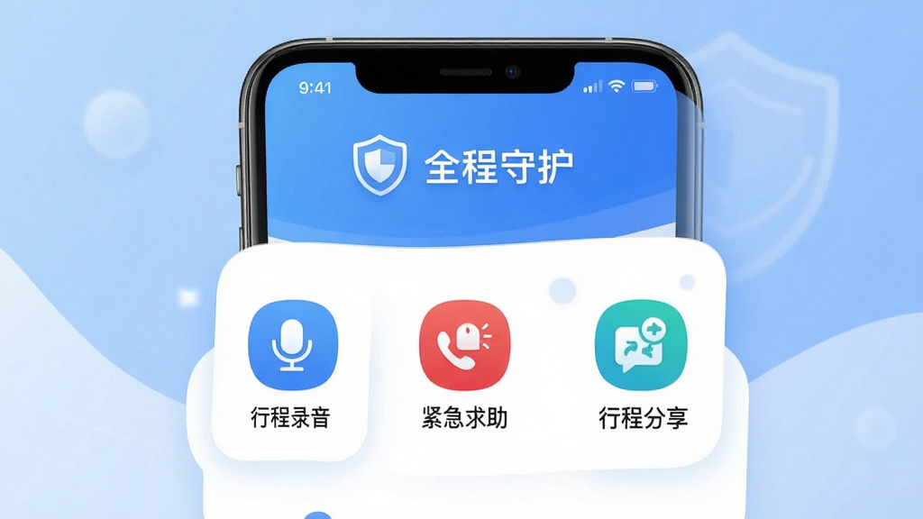 ���壺�ǹ�����APP�İ�ȫ���Ľ��棬չʾ���г�¼�������������������г̷������ȹ���ͼ�ꡣ���֣��ֻ������ͼ���У�����Ϊ��͵���ɫ���䡣�Ű棺���涥���ж���ͼ���롰ȫ���ػ�����������񣺼�లȫ���ϸ�ڣ�ÿ������ͼ���·��м������˵����ɫ��������Ϊ�������ʣ����壬�ɾ����޶���Ԫ�ء�