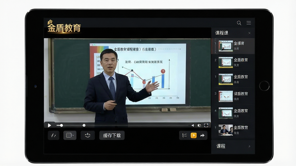 一张展示金盾教育视频播放页面的图片,主体为平板电脑横屏播放课程视频的画面,屏幕中正在播放一位讲师讲解课件内容,视频左上角有“金盾教育”水印,播放器下方有清晰度选择、缓存下载按钮,右侧有课程列表,整体界面深色背景,布局专业,画质清晰,细节丰富,无多余元素