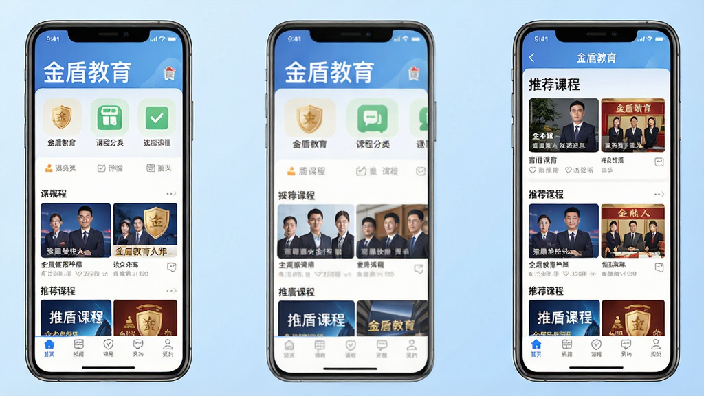 一张展示金盾教育APP界面全貌的图片,主体为智能手机屏幕上的金盾教育应用主界面,屏幕中清晰显示有“金盾教育”字样、课程分类图标、推荐课程封面、底部导航栏,背景为简洁的浅蓝色渐变,整体布局干净整齐,风格为现代扁平化UI设计,画质高清,细节丰富,无多余元素