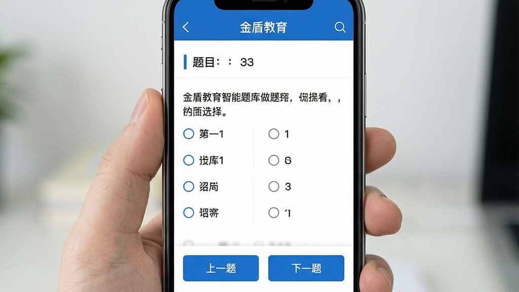 一张展示金盾教育智能题库做题界面的图片,主体为手机竖屏显示答题页面,屏幕上方显示“金盾教育”及题目序号,中间是选择题题干与四个选项,底部有上一题、下一题按钮,页面背景为白色配蓝色主题色,整体布局简洁清晰,画质干净,无多余元素