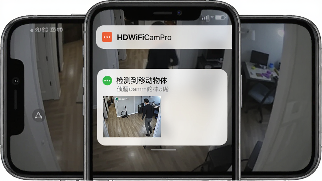 HDWiFiCamPro�ֻ��յ��ƶ���ⱨ��֪ͨ�Ľ��棬�ֻ���Ļ����������Ϣ����ʾ