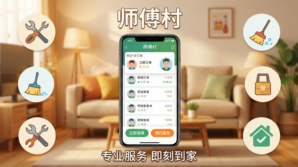 ���壺�ֻ���Ļչʾ��ʦ���塱APP���棬��������ʾ���������б���ʦ��ͷ�񣬱�������ܰ�ļ�ͥ�������������֣��ֻ�λ�ڻ������룬���ܻ�����ά�ޡ����ȹ���ͼ�ꡣ�Ű棺�Ϸ��С�ʦ���塱�������·����Լ��ı��רҵ���� ���̵��ҡ������дʵ���ƽ����ϣ�ɫ��������ů��ϸ�ڣ���������չʾ�������ӵ�������ԤԼ���񡱵Ȱ�ť�����ʣ�������Ⱦ���ɾ��޶���Ԫ�ء�