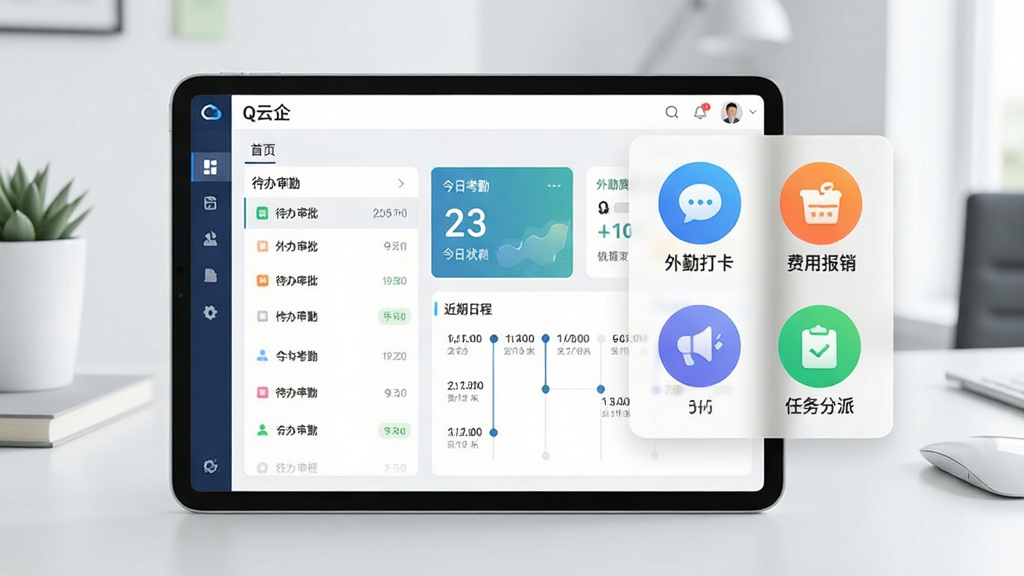 Q����һ�廯����̨������ʾͼ����������Ϊƽ����Ժ���չʾ���棬�����ʾ��Q���󡱹���̨��ҳ���������������б������տ���״̬��Ƭ�������ճ�ʱ���ᣬ�Ҳ��������Բ�ι���ͼ���硰���ڴ򿨡����ñ�����������ɡ����������ǳɫ������ͼ��ɫ�����������ֱ�ǩ���������ֹ������򣬱���Ϊ���İ칫���泡��������ϸ�壬�ɾ������