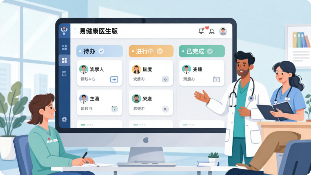 չʾ���׽���ҽ���桱�Ŷ�Э�����棬��Ļ����ʾ���񿴰壬��Ϊ���졢�����С���������У���Ƭ��ע��ҽ������������������ҽ���칫�ң��������۳������廭�����ˬ��ɫ����ͼ�������޶���Ԫ�ء�
