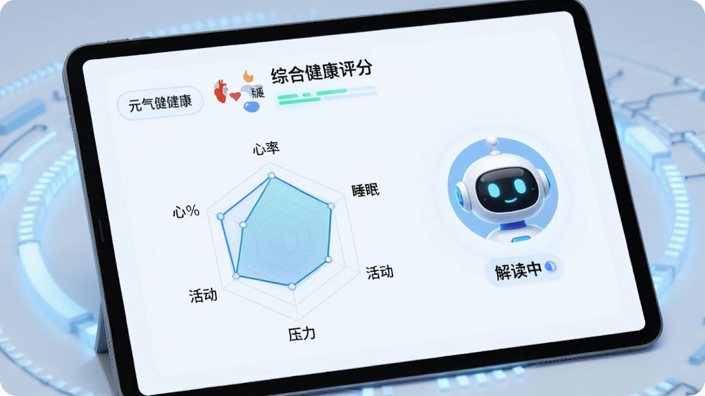 AI����չʾͼ��ƽ�������չʾԪ������APP��������������ҳ�棬ҳ�涥��Ϊ�ۺϽ������֣��·����״�ͼչʾ���ʡ�˯�ߡ����ѹ����ά�ȵ÷֣��Ա�����AI������ͷ���롰����С�״̬������Ϊǳ��ɫ�Ƽ��й�Ч��������רҵ������������͸ɾ����޶���Ԫ��