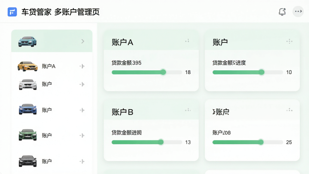 �����ܼҶ��˻�����ҳ�棬�������Ϊ����Сͼ���б����Ҳ�Ϊ��Ӧ�Ĵ������鿨Ƭ����Ƭ�ϱ�ע���˻�A�������˻�B�������������������������Ϊǳ��ɫ�����������ͻ�����ݶԱȣ��޶����Ӿ�����