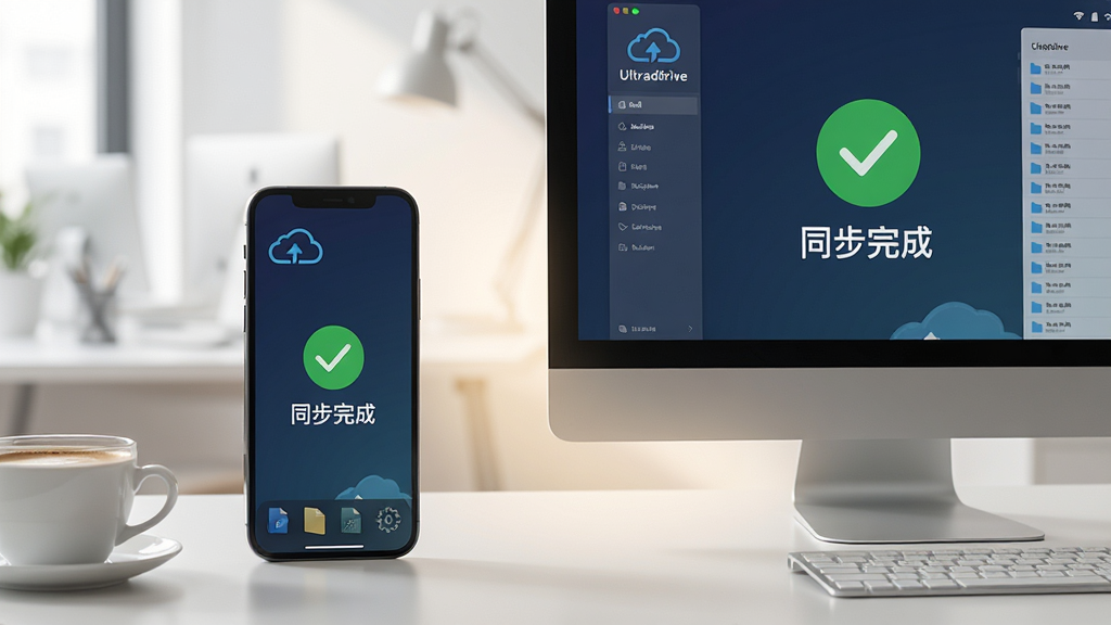 ���壺һ���ֻ���һ̨���Բ��ŷ������棬��Ļ����ʾUltradrive Cloud��ͬ���ɹ��Թ�ͼ�꣬����Ϊ�ɾ��İ칫�һ��������֣��ֻ����󣬵������ң��м�����͵Ĺ������ӡ��Ű棺�豸��Ļ���������ɼ���ͻ����ͬ����ɡ�����ɫ�Թ������дʵ��Ӱ�����Ȼ�⣬ǳɫ����ϸ�ڣ��ֻ��������Ļ�Ͼ���ʾ�ƶ˱�ʶ���ļ��б�����������һ��������Ϊ��׺�����ʣ����廭�ʣ�����ͨ͸�ɾ����޶���Ԫ�أ������֡�