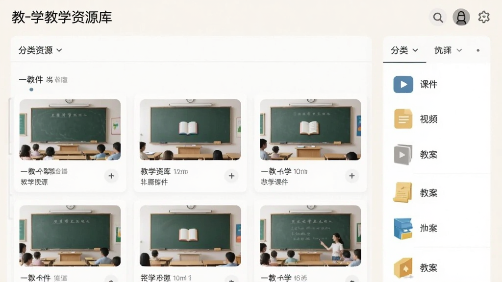 一教一学教学资源库界面预览图,展示资源列表缩略图与分类筛选栏,包含课件、视频、教案等图标,背景为浅色系,界面整洁,卡片式排列,风格清新,图片清晰,干净无多余元素