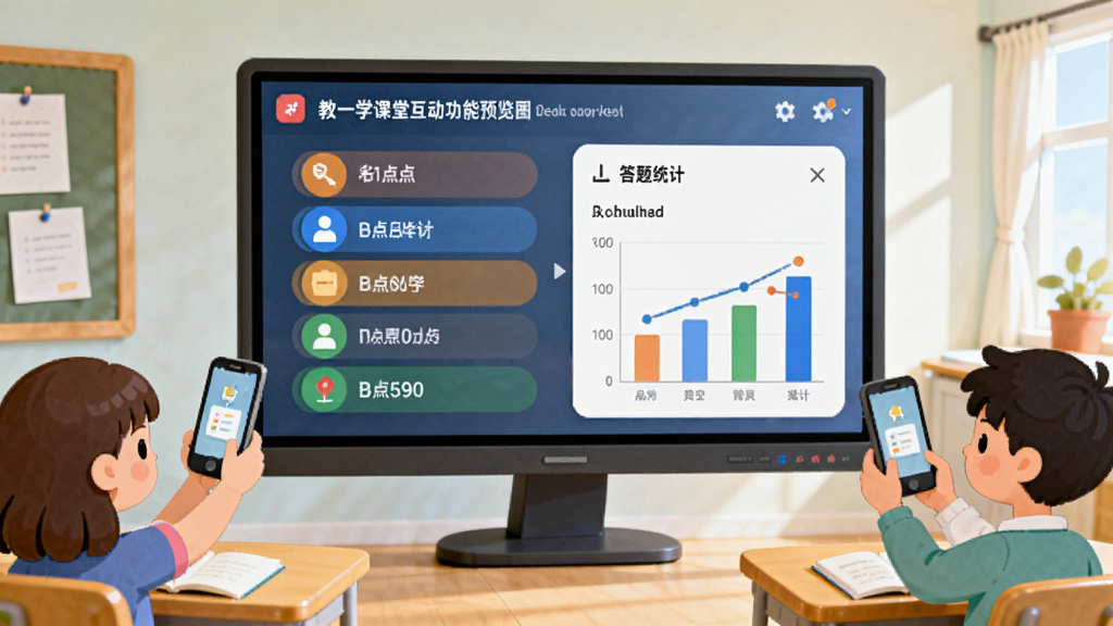 一教一学课堂互动功能预览图,显示大屏幕上随机点名与答题统计界面,周围有学生举手机参与的卡通插画,背景为明亮的教室环境,风格活泼,色彩明快,高清画质,干净无多余元素