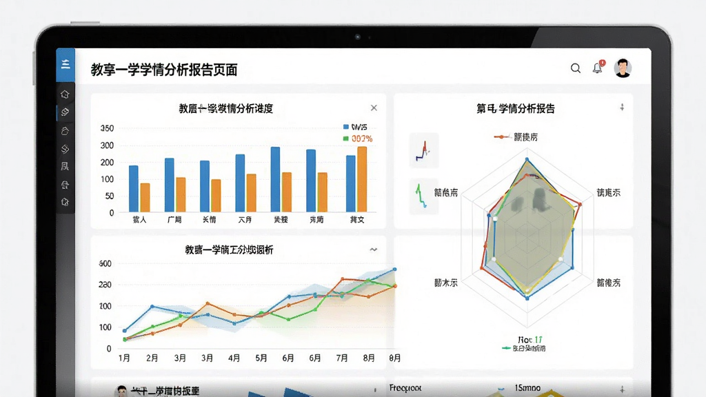 一教一学学情分析报告页面预览图,展示多维数据图表,包括柱状图、折线图与雷达图,界面以白色为底,图表色彩鲜明,排版简洁,风格商务大气,细节丰富,画质清晰,干净无多余元素