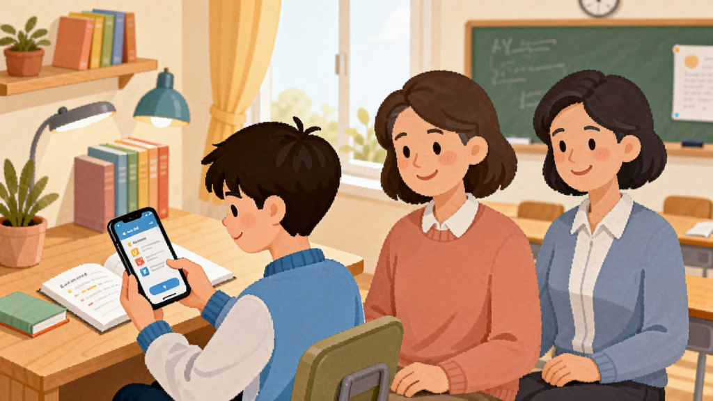 一教一学使用指南场景图,展示学生使用手机完成作业,旁边有家长与教师形象,背景为家庭书桌与教室融合风格,插画风格,色彩温馨明亮,构图清晰,干净无多余元素,画质细腻